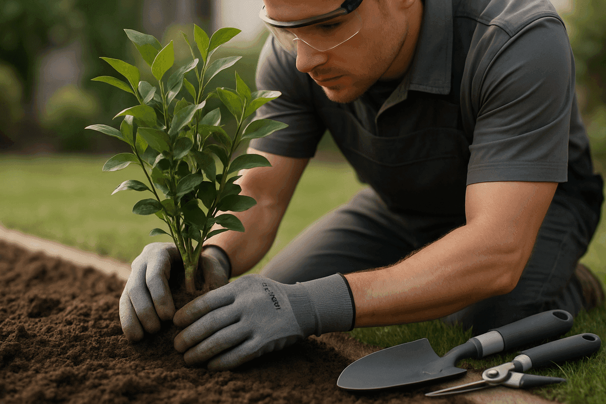 Gloved hands planting young shrub in soil with landscaping tools on lawn edge